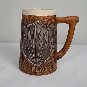 Vintage Six Flags Theme park wood grain style ceramic mug stein